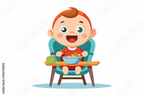 Baby eating food chair isolated. Cute baby eating food chair makes baby learning to eat