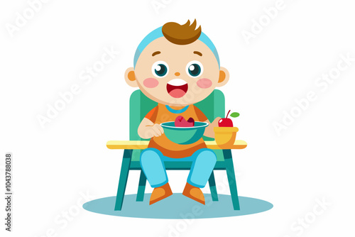 Baby eating food chair isolated. Cute baby eating food chair makes baby learning to eat