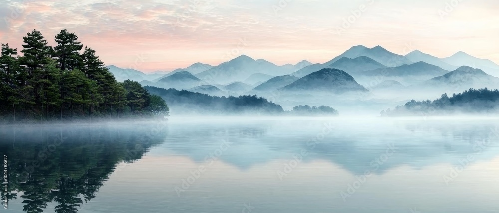 Fototapeta premium Tranquil Mountain Lake Reflection - Serene Water Landscape with Misty Mountain Range at Dawn, Peaceful Natural Scene for Travel and Relaxation