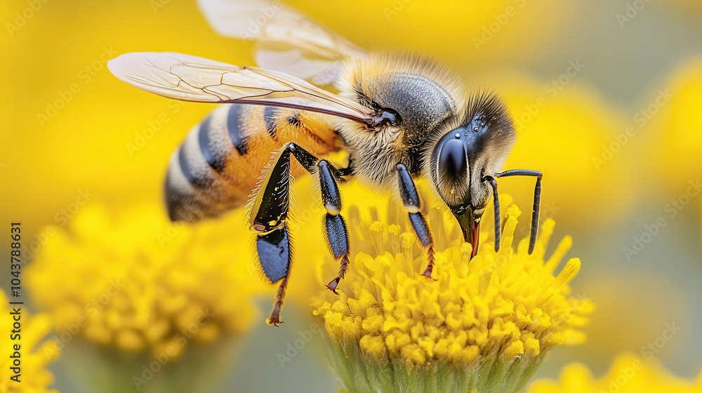 closeup of a large striped bee collecting honey from a bright yellow flower on a sunny day showcasing the beauty of nature and the importance of pollinators closeup of a large striped bee collecting honey from a bright yellow flower on a sunny day showcasing the beauty of nature and the importance of pollinators