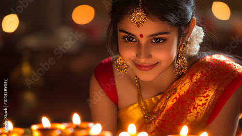 an indian young girl in traditional attire celebrating diwali
