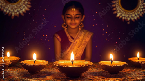 an indian girl in traditional attire celebrate diwali with oil lamps