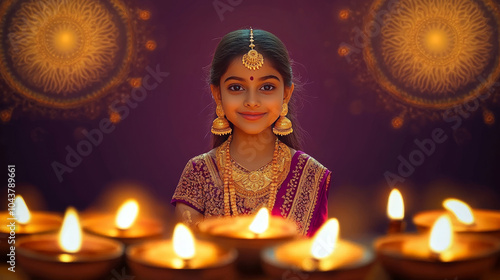 an indian little girl in traditional attire celebrate diwali