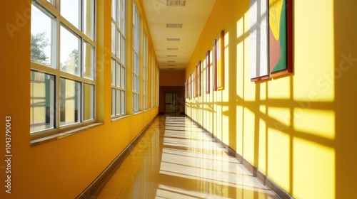 Sunlit Hallway with Yellow Walls and Windows