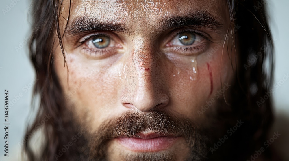 An emotional close-up of a Jesus Christ with piercing blue eyes and a crown of thorns, evoking themes of sacrifice and suffering.. An emotional close-up of a Jesus Christ with piercing blue eyes and a crown of thorns, evoking themes of sacrifice and suffering..