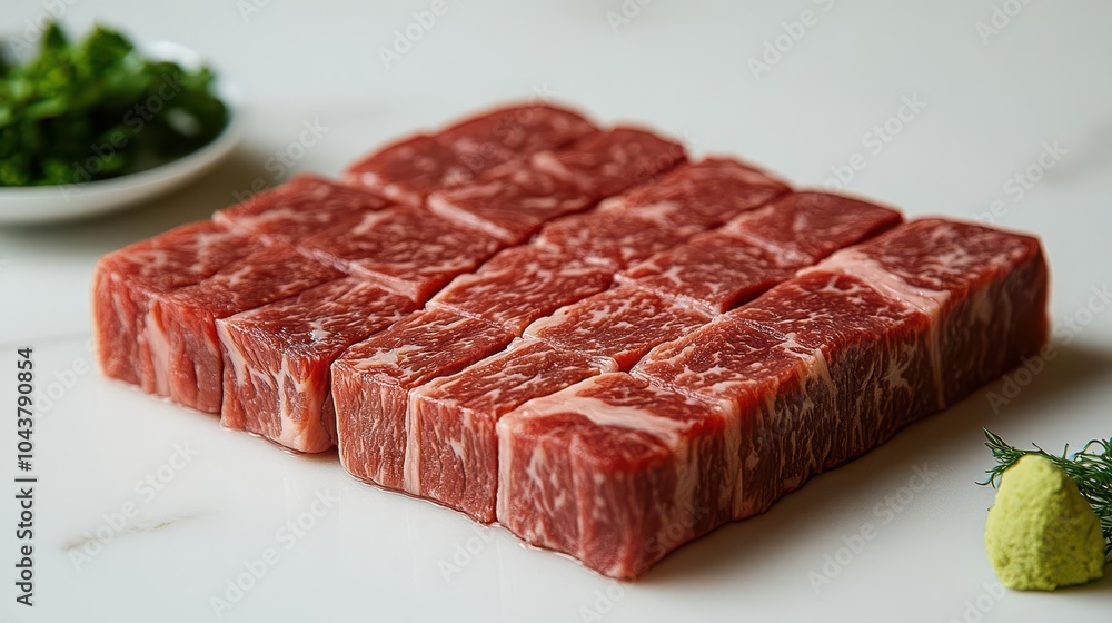 Fototapeta premium closeup of beautifully marbled beef on a pristine white background showcasing the rich texture and color variations that highlight its quality and freshness