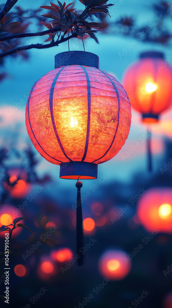 Fototapeta premium beautiful illuminated chinese lantern hanging on tree glowing at night
