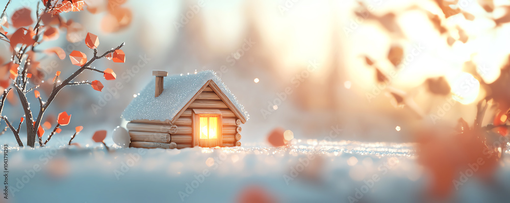 Obraz premium Tiny log cabin, winter scene, snowcovered trees, firelight glowing, 3D illustration