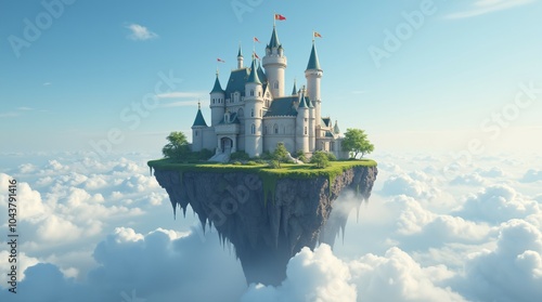 A floating castle tower rests softly on a cloud, hidden within the misty sky.