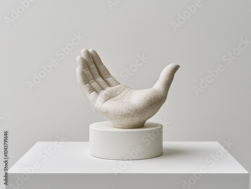 Serenity in Marble Elegant Closeup of White Hand Sculpture on Pedestal, Minimalist Art Concept for Gallery Display photo