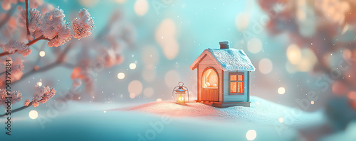 Snowcovered tiny cottage, winter night, glowing lantern outside, 3D illustration