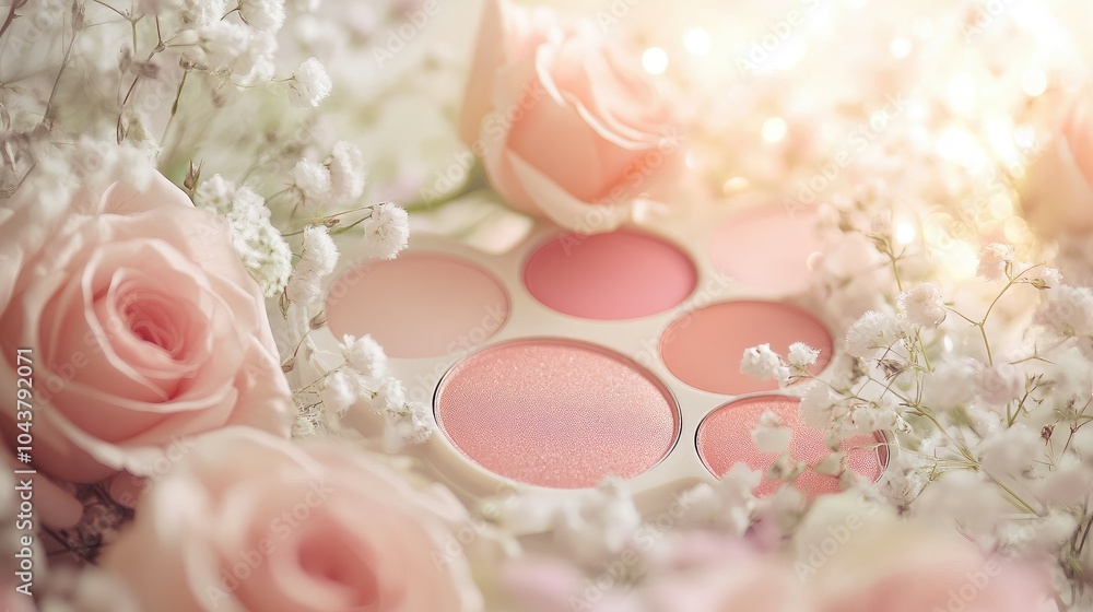 Fototapeta premium Close-up of a rosy makeup palette set against a backdrop of delicate pale roses and baby breath, softly lit to enhance its romantic feel.