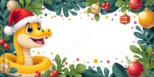 Symbol of Happy New Year 2025 cartoon snake in Santa Claus hat against the winter Christmas background. Christmas card 2025. Frame with a copy space.