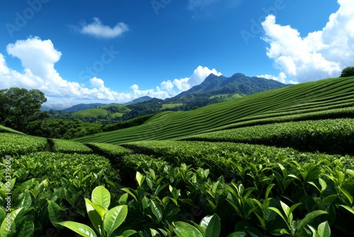 Pixel art of a Sri Lankan tea plantation, with pixelated green hills and rows of tea bushes under a blue sky