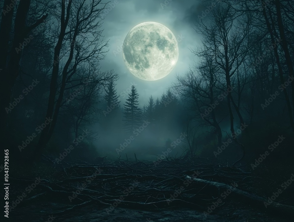 Enchanted Moonlit Forest Haunting Night Scene with Full Moon and Fallen Branches Enchanted Moonlit Forest Haunting Night Scene with Full Moon and Fallen Branches