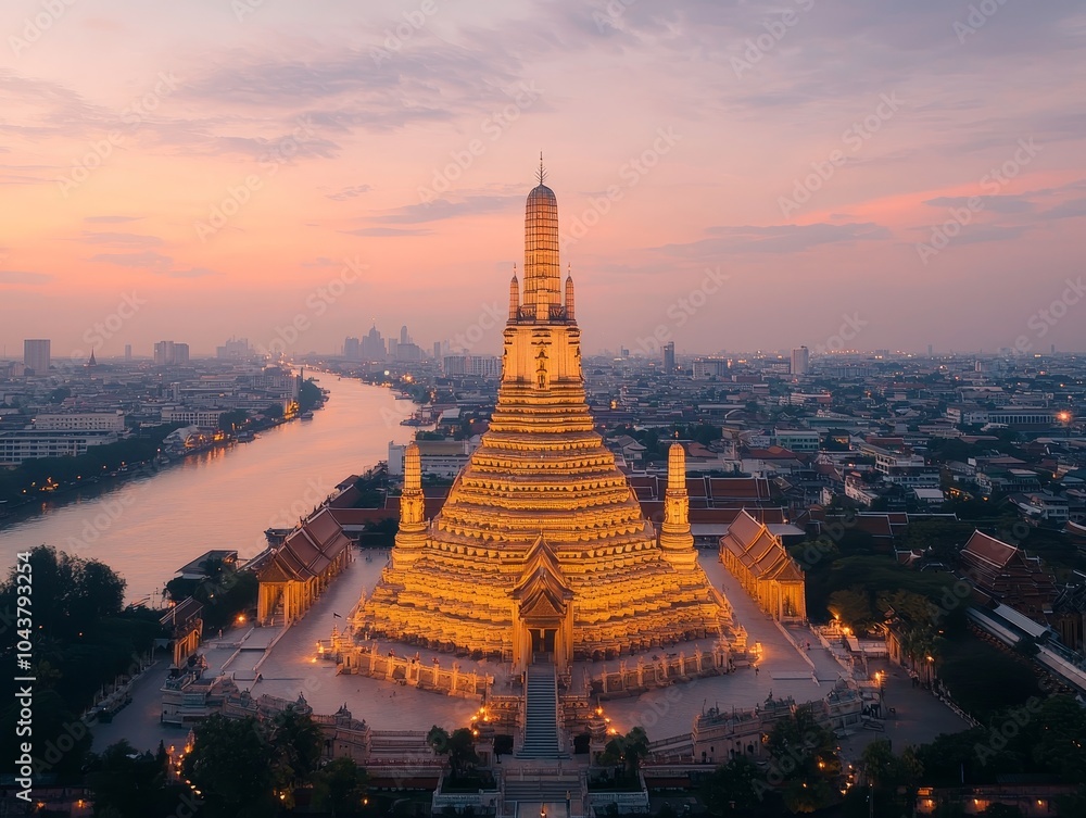 Fototapeta premium Majestic Golden Buddhist Temple Overlooking Urban Twilight Panoramic Aerial View of Wat Arun Ratchawararam Ratchawaramahawihan in Bangkok, Thailand