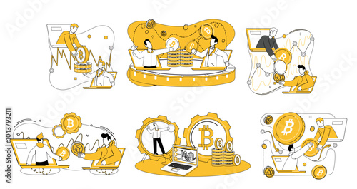 Bitcoin trading vector illustration. Stock market and exchange, arena, witnesses rise Bitcoin as formidable player in financial game Economic, heartbeat, pulses through veins cryptocurrency, shaping