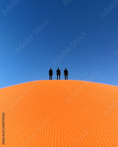 Three figures silhouetted against a vibrant orange sand dune and blue sky.