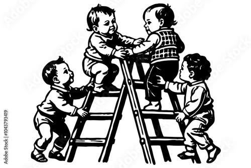  Group of babies climbing on stepladder over white background