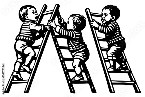  Group of babies climbing on stepladder over white background