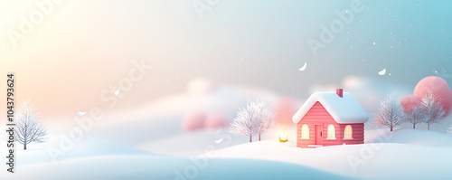 Tiny log cabin, winter scene, snowcovered trees, firelight glowing, 3D illustration photo