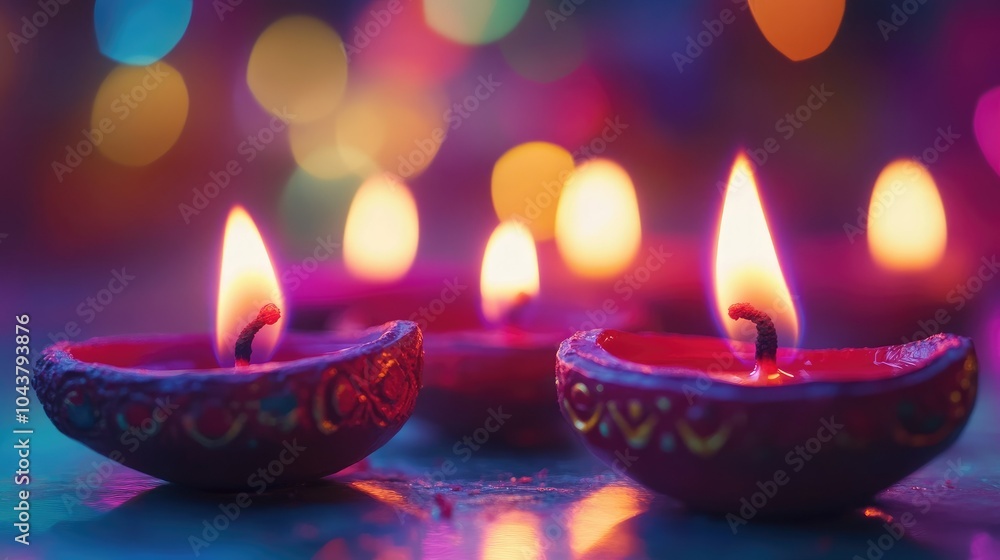 Close-up of vibrant diyas (candles) burning brightly for Diwali, with soft glowing bokeh in the background symbolizing the festival of lights. Close-up of vibrant diyas (candles) burning brightly for Diwali, with soft glowing bokeh in the background symbolizing the festival of lights.