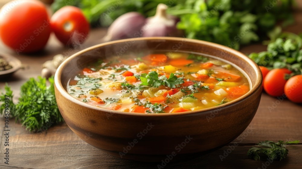 Warm Vegetable Soup in Wooden Bowl Warm Vegetable Soup in Wooden Bowl