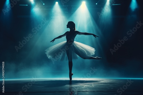 Gracious ballet dancer performs on stage illuminated by dramatic lighting during evening performance in a theater