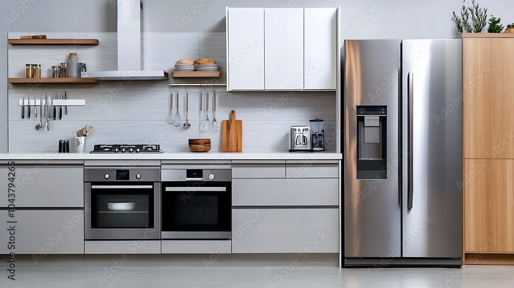 Fototapeta premium Modern Kitchen Interior Design with Integrated Appliances: Sleek White Cabinets, Stainless Steel Fixtures, Minimalist Layout – Ideal for Contemporary Home, Apartment, or Architectural Visualization
