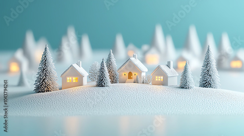 Tiny village in the snow, warm lights inside houses, frosty trees, 3D illustration photo