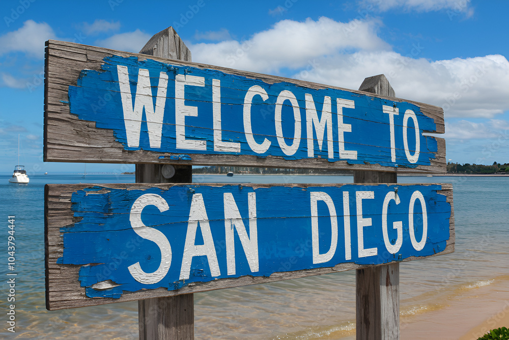 Obraz premium Welcome to San Diego sign – coastal city entrance, tourism landmark, and travel destination in Southern California 