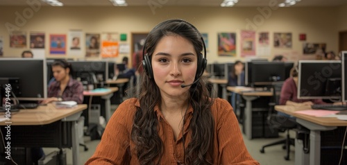 Professional Call Center Operator at Work Closeup of Focused Female with Headset in Computer Lab
