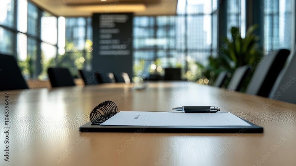 Closeup of a neatly arranged notepad and pen, placed on the table in a spacious, empty meeting room Closeup of a neatly arranged notepad and pen, placed on the table in a spacious, empty meeting room
