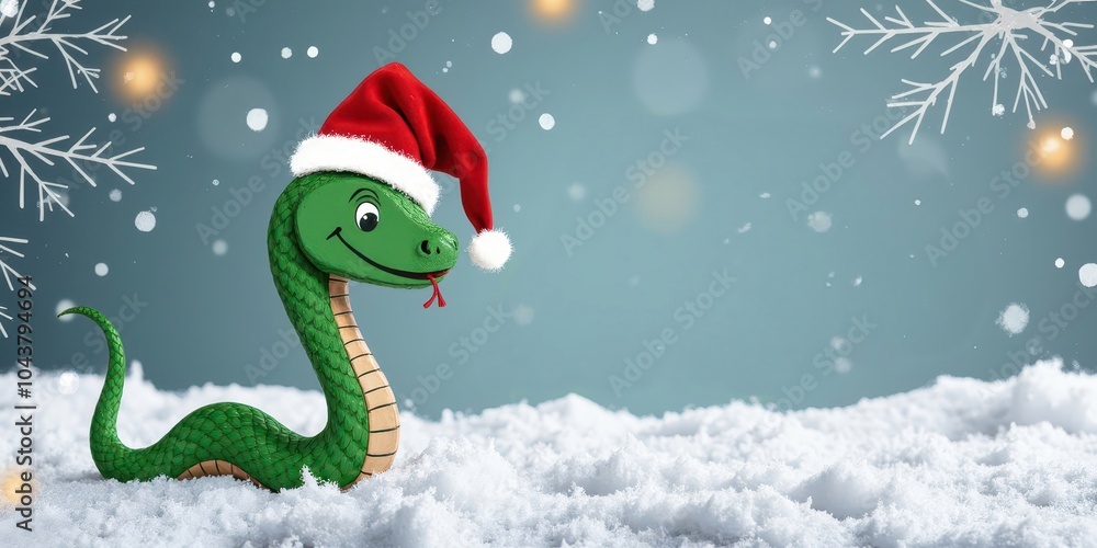 Obraz premium Symbol of Happy New Year 2025 green wooden snake in Santa Claus hat against the winter Christmas background. Christmas card 2025. Banner with a copy space.