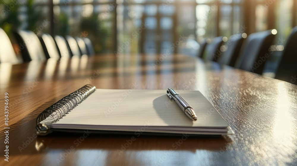 Closeup of a neatly arranged notepad and pen, placed on the table in a spacious, empty meeting room Closeup of a neatly arranged notepad and pen, placed on the table in a spacious, empty meeting room