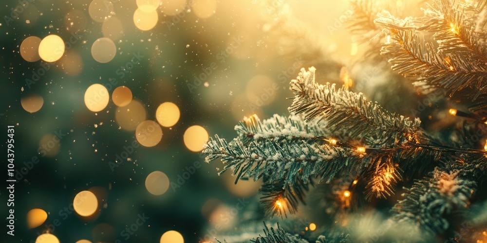 Festive background with frosted tree branches with cozy glowing lights and golden bokeh. Holiday banners, greeting cards, seasonal web designs, copy space Festive background with frosted tree branches with cozy glowing lights and golden bokeh. Holiday banners, greeting cards, seasonal web designs, copy space