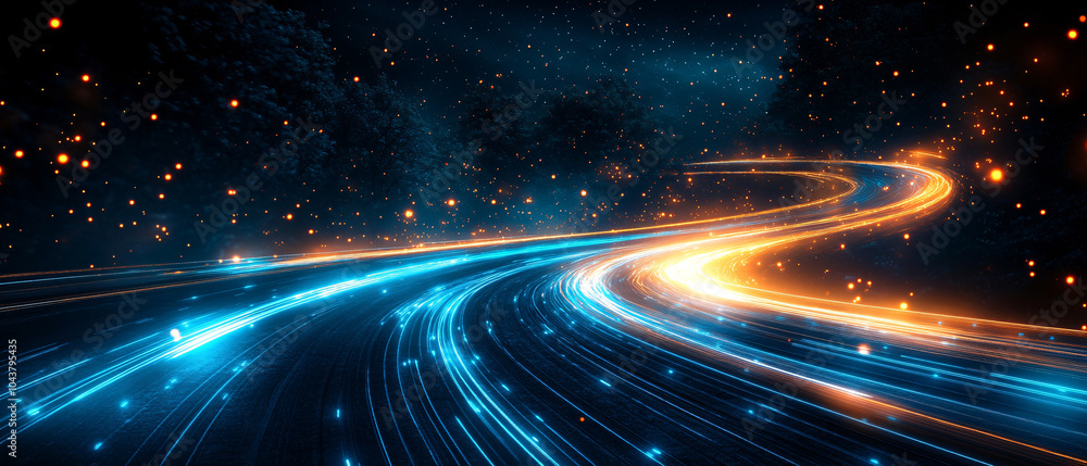 Fototapeta premium Abstract Blue and Yellow Lights on a Winding Road at Night