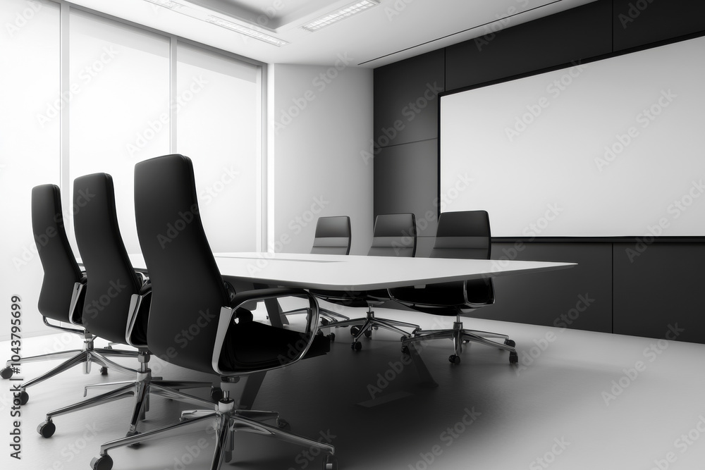 Minimalist interior of a meeting room or conference hall with symmetrical arrangement of chairs around a white table, walls and ceiling in monochrome color, business center project. Minimalist interior of a meeting room or conference hall with symmetrical arrangement of chairs around a white table, walls and ceiling in monochrome color, business center project.