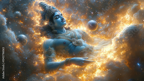 a hindu god vishnu lying in the cosmic space universe