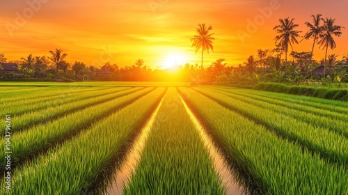 A serene sunset over lush green rice fields, showcasing nature's beauty and agricultural life.