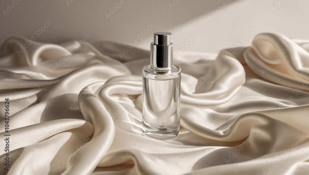 A clear glass perfume bottle elegantly positioned on soft, silky fabric, showcasing its simplicity A clear glass perfume bottle elegantly positioned on soft, silky fabric, showcasing its simplicity