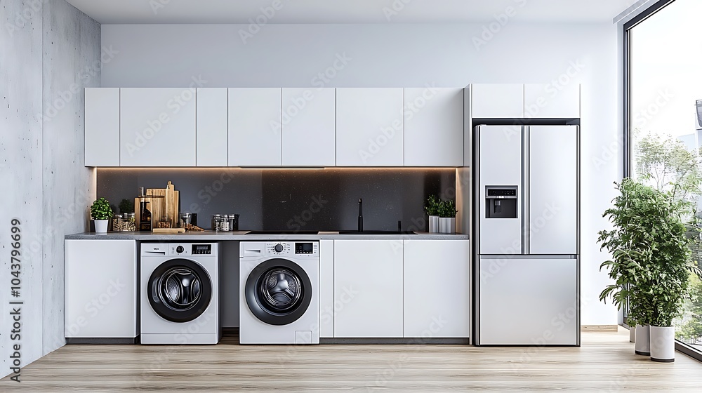 Modern Black Coffee Machine in a Stylish Kitchen with Cup - Sleek Home Appliance Closeup Modern Black Coffee Machine in a Stylish Kitchen with Cup - Sleek Home Appliance Closeup