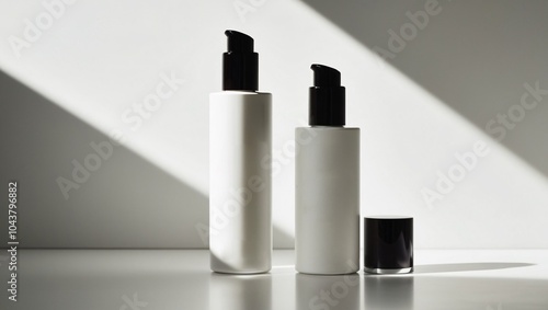 Two elegant white bottles stand side by side against a light backdrop, illuminated by natural sunlight that casts striking shadows, highlighting their sleek design and minimalist appeal