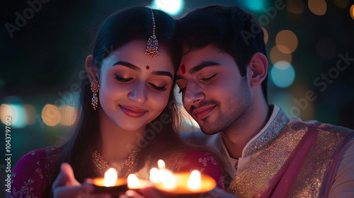 A joyful young couple in love adorned in traditional attire celebrates Diwali