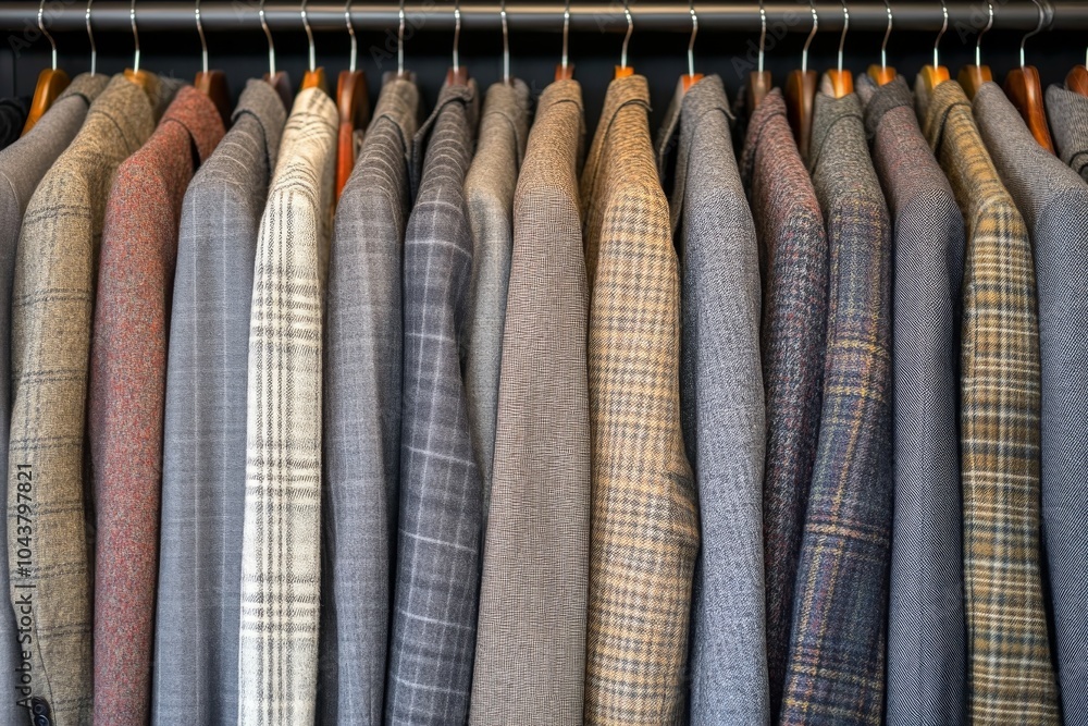 Close up of tailored wool coats on hangers in a stylish boutique capturing the craftsmanship texture and elegance of modern menswear with a focus on fall fashion Close up of tailored wool coats on hangers in a stylish boutique capturing the craftsmanship texture and elegance of modern menswear with a focus on fall fashion