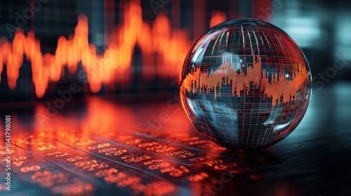 Glass sphere reflecting stock market graphs and data in a digital, futuristic setting 