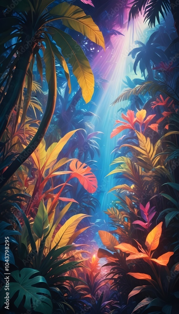 Tropical exotic pattern with animal and flowers in bright colors and lush vegetation Tropical exotic pattern with animal and flowers in bright colors and lush vegetation