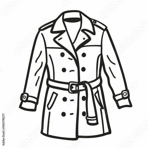 Classic Trench Coat Vector Illustration in Black and White Line Art Style