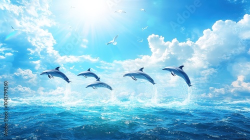 Dolphins Jumping - Beautiful Seascape with Blue Sky and Group of Dolphins in Nature