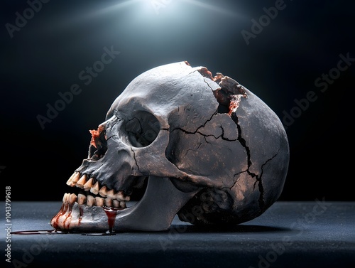 Cracked Skull with Blood Dripping in Dark Atmosphere